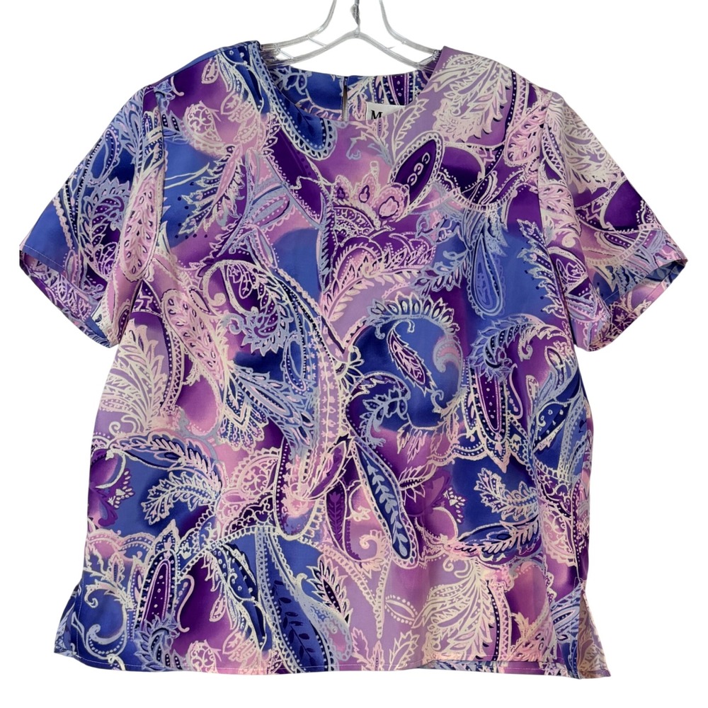 Maggie Sweet Womens 1X Paisley Swirl Blouse Purple Blue Short Sleeve Top Mod 90s